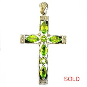 Sterling Silver Cross Pendant with Green Stones